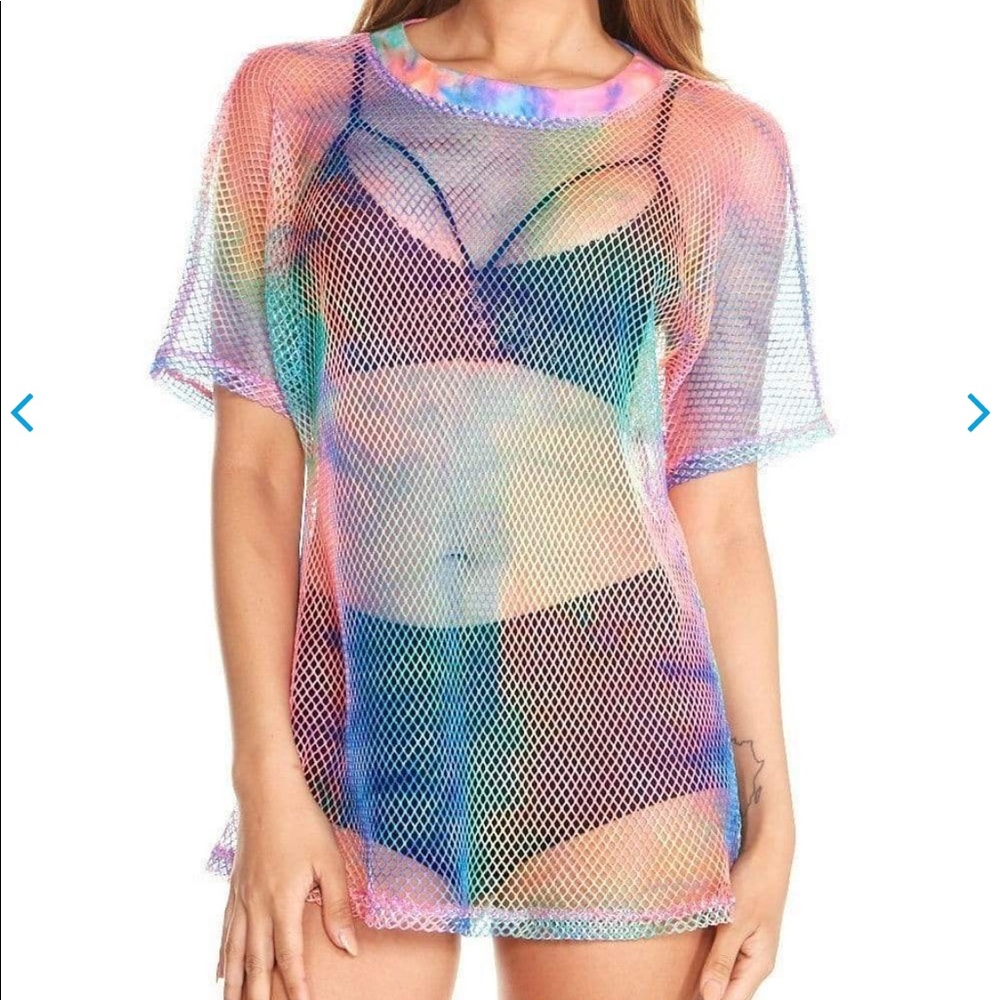 Rainbow tie dye fishnet tee